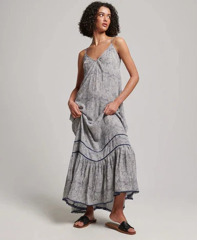Lange zomerjurk met spaghettibandjes en vintage look – Lotte