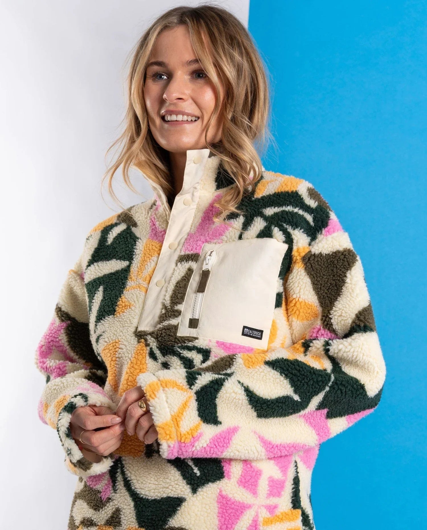 Dames fleece met bloemenprint en kraagrits – Emma