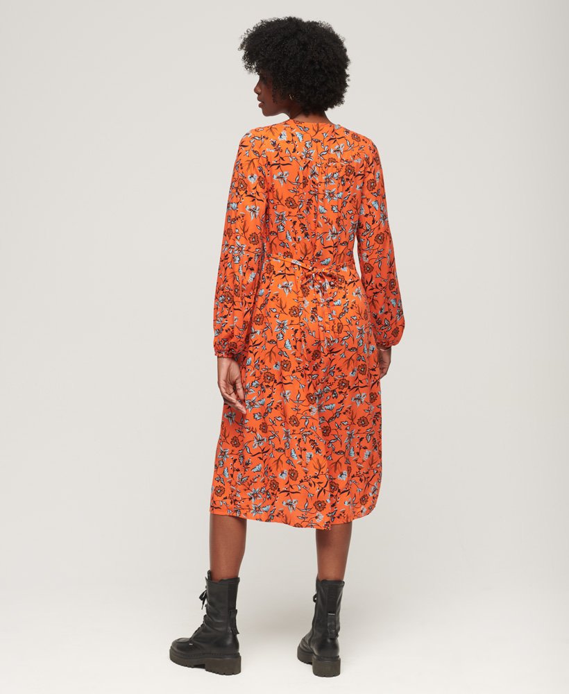 V-hals midi jurk met bloemenprint en plooien – Lisa